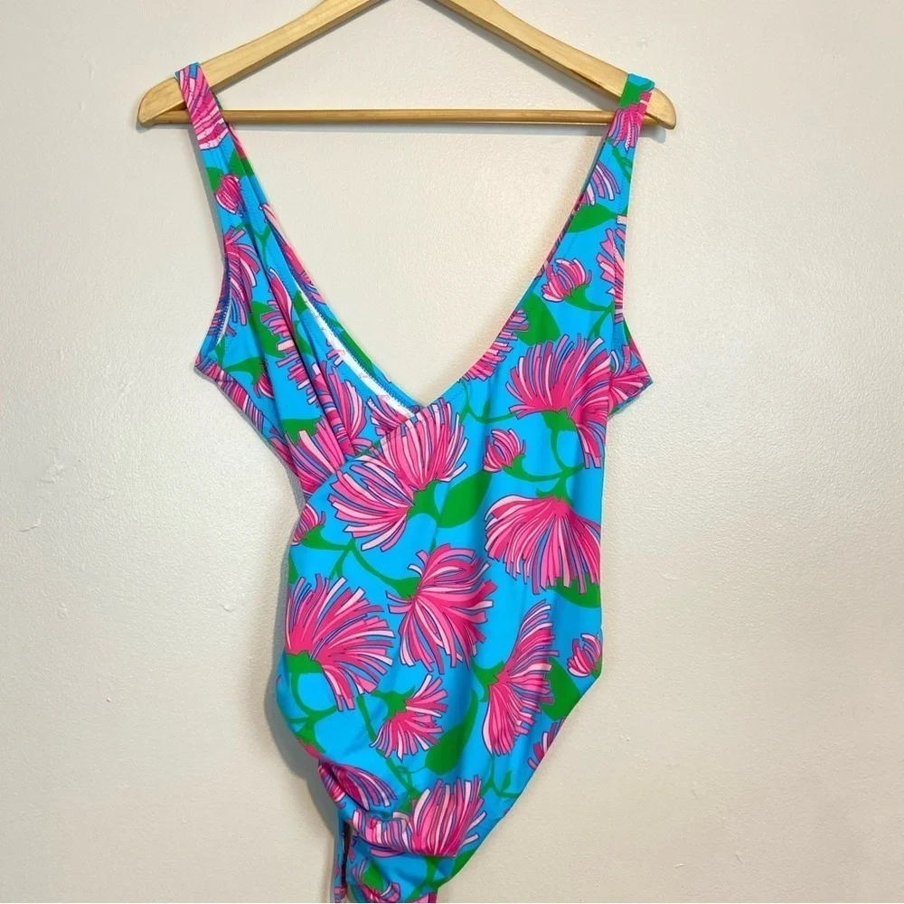 Lilly Pulitzer One-Piece Swimsuit Tropical Print Wrap V-Neck Adjustable Side